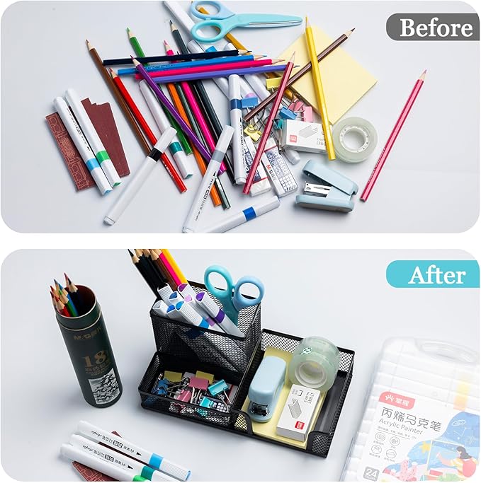 Black Mesh Pen Holder Desktop Organizers Pencil Holder for Desk 3 Compartments Metal Office Supply Organizer with Sticky Notes Holder for Office Desk Accessories