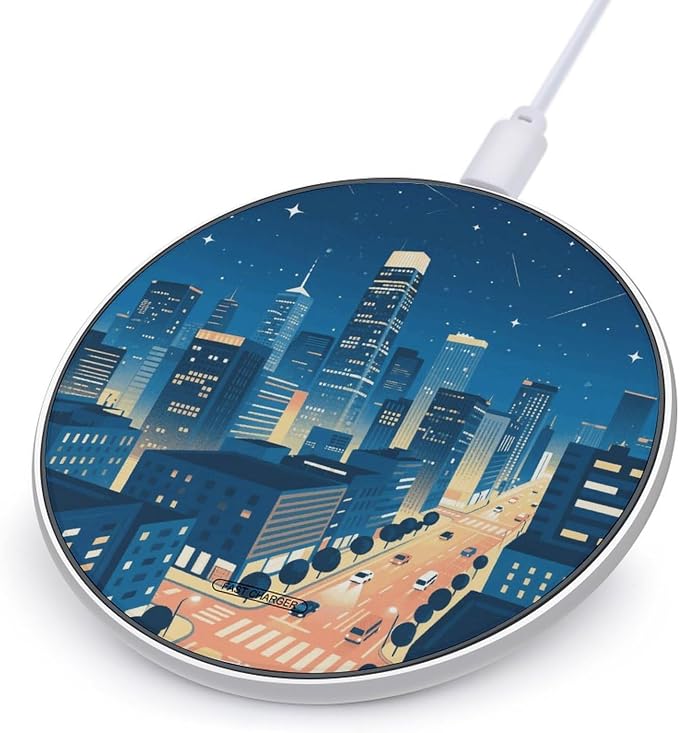 City Night Wireless Charger with USB CableAluminum Alloy Frame 10W Max Compatible Fast Wireless Charging Pad- 3.2ft Cable Included for Travel Home Office Desk
