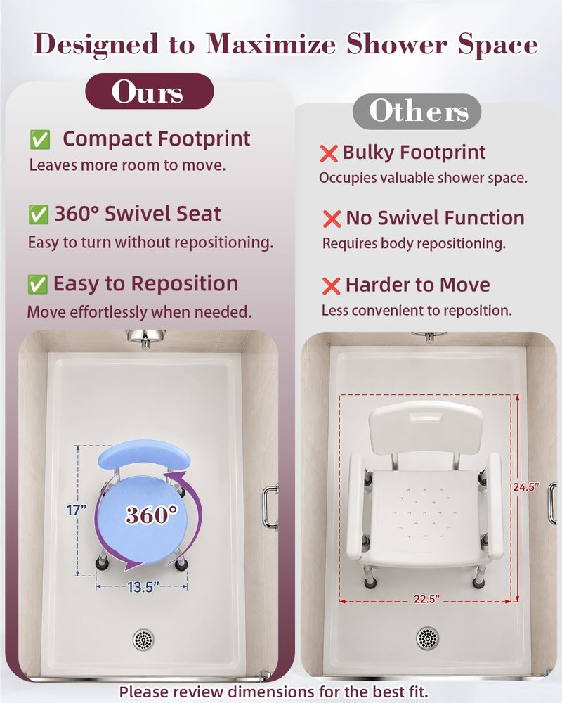 Fvzzin Swivel Shower Chair with Back, 360° Height Adjustable Shower Stool, Compact Space-Saving Design for Small Showers, Non-Slip Bathroom Chair for Seniors & Elderly (Blue)