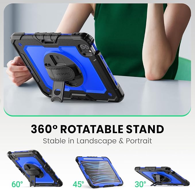 SEYMAC Case for iPad Pro 11 4th/3rd/2nd/1st Gen 2022-2018 Black | Full-Body Shockproof Protective Built-in Screen Protector 360° Rotating Stand Hand/Shoulder Strap Pencil holder