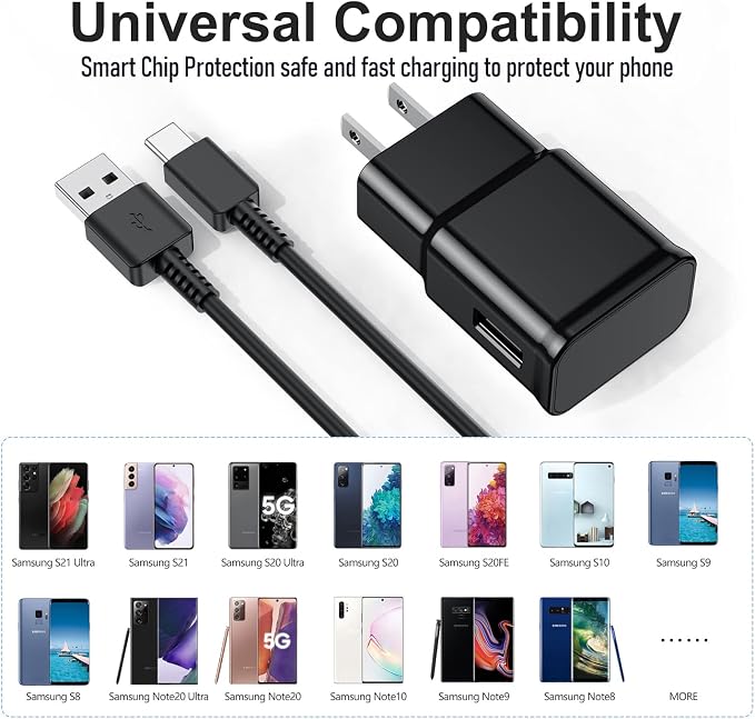 Samsung Galaxy S10/S9/S8 2 Pack Adaptive Charger with USB-C Cable 6FT Black | USB Type-C fast charging cables for Galaxy S10e/S20/S21/Note 8/9/10/20/A70/A50/A51/A52/A42/A32/A13/A12 Ultra Plus 6FT Bla