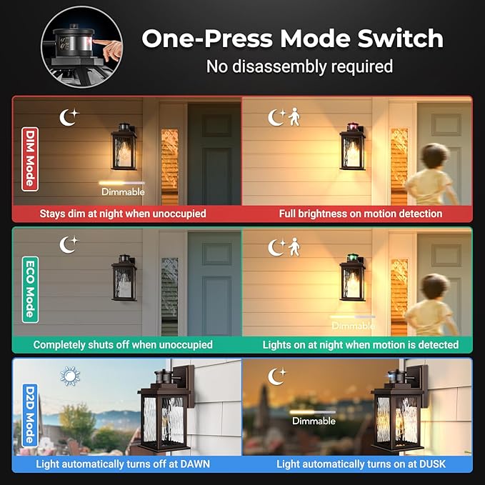 VIANIS Motion Sensor Outdoor Light Fixture, 2 Pack Oil-Rubbed Bronze, Adjustable Sensitivity Outdoor Wall Lights, Anti-Rust Aluminum Waterproof Outdoor Lanterns for Porch, Front Door, Entrance