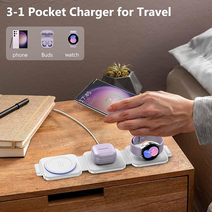 Travel Charger for Samsung Multi Devices Foldable 3 in 1 Wireless Charging Station Fast Charging Stand/Pad Compatible for Samsung Galaxy S26/S25/S24/S23/Note20 GalaxyWatch8/7/6 Galaxy Buds4