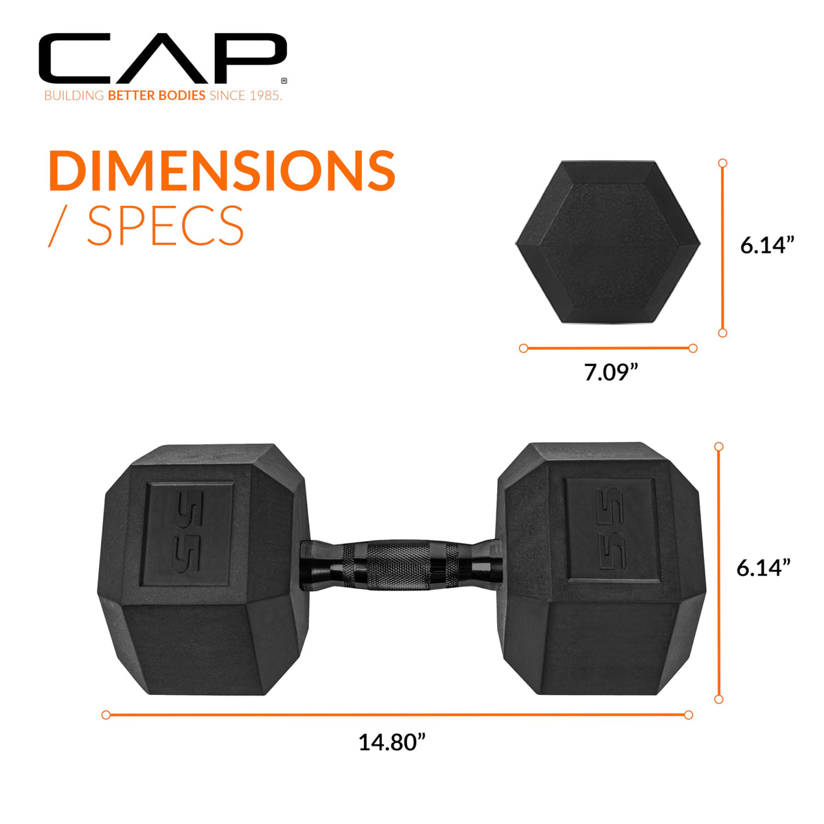 CAP 55 LB Rubber Coated Hex Dumbbell Weight, Rubber Free Weights for Home Gym Strength Training, Black Oxide Handle, Single