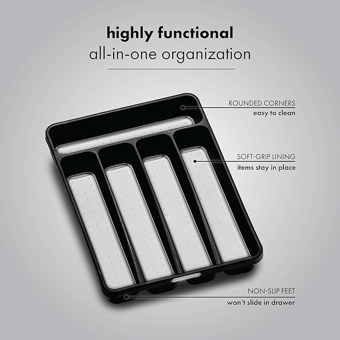 madesmart Classic 5 Compartment Compact Silverware Tray, Granite