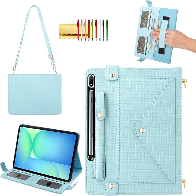 Handbag Case for Samsung Galaxy Tab S10 FE/S9 FE 10.9/S9/S8/S7 11 Techcircle Folio Stand Crossbody Wallet Protective Cover with S Pen Holder &amp Card Slots Hand Strap &amp Shoulder Strap Black