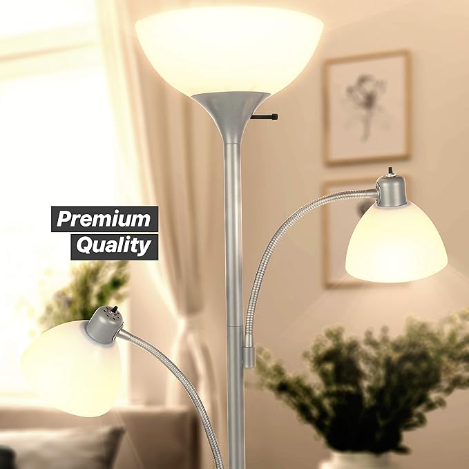 Brightech Sky Dome Double LED Floor lamp, Torchiere Super Bright Floor Lamp with 2 Reading Lamps for Living Rooms & Offices - Dimmable Tall Standing Lamp for Bedroom Reading - Tall Silver Pole