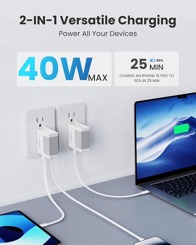 1 Micro USB 1 Lightning 2 Type-C Retractable Wall Chargers with 2 USB A Ports and 1 Power Strip 12-in-1 Modular Charging Station