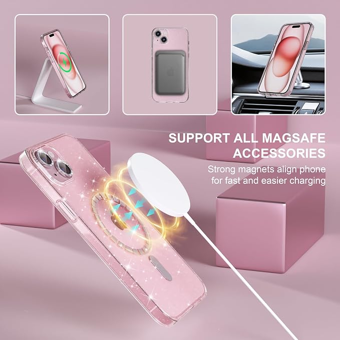 Choiche for iPhone 15 Pro Max Case Compatible with MagSafe Glitter Black | Women Girly Cute Glitter Sparkly Magnetic Phone Case with Diamond Camera Lens Protectors Military-Grade Drop Protection 6.7