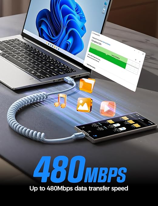LISEN Chubby Cable Coiled Cable 2 Pack Car Play Cord | for Android Auto Short USB A to USB C Cable for iPhone 17/16/15 Samsung Galaxy S25/S24 A15/A14 Google Pixel 9/8 Blue 4FT