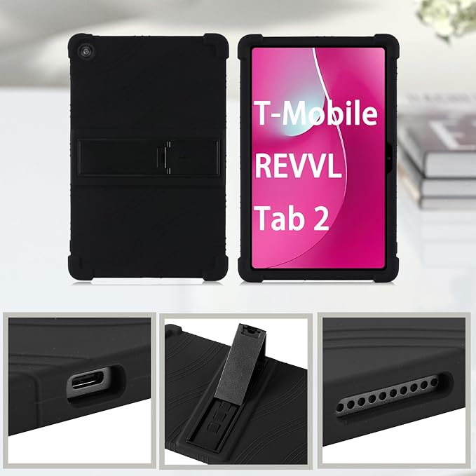 for Revvl Tab 2 Case (2025) Kids Soft Silicone Cover for Tmobile Revvl Tab 2 Tablet Case with Stand (Black)