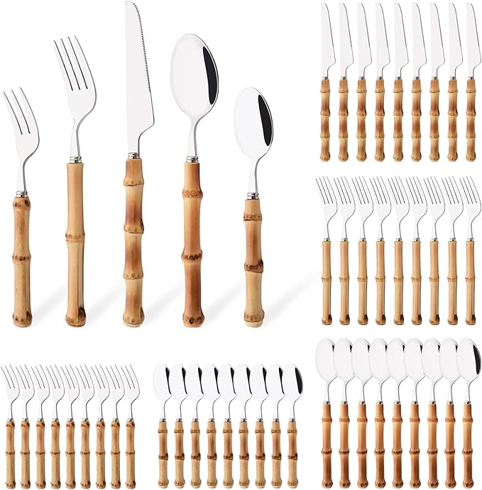 Uniturcky 8 PCS Small Fork, 6.3 Inches Stainless Steel Dessert Forks with Bamboo Handle, Kitchen Flatware Cutlery Set, Use for Tasting Cakes Fruits and Appetizer, Mirror Polished