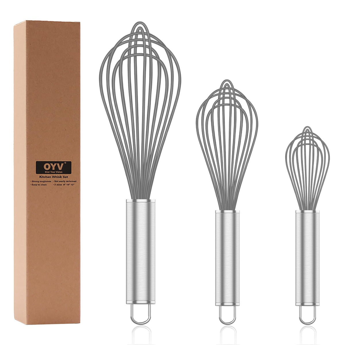 OYV White Silicone Whisk Set of 3, 8/10/12 Inch, Non-Scratch