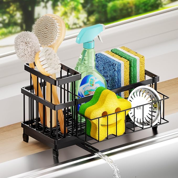SWTYMIKI Sink Caddy Sponge Holder - Large Sponge Holder for Kitchen Sink with 360°Auto-Drain Tray, Rustproof Stainless Steel Kitchen Organizer Caddy for Countertop Organization