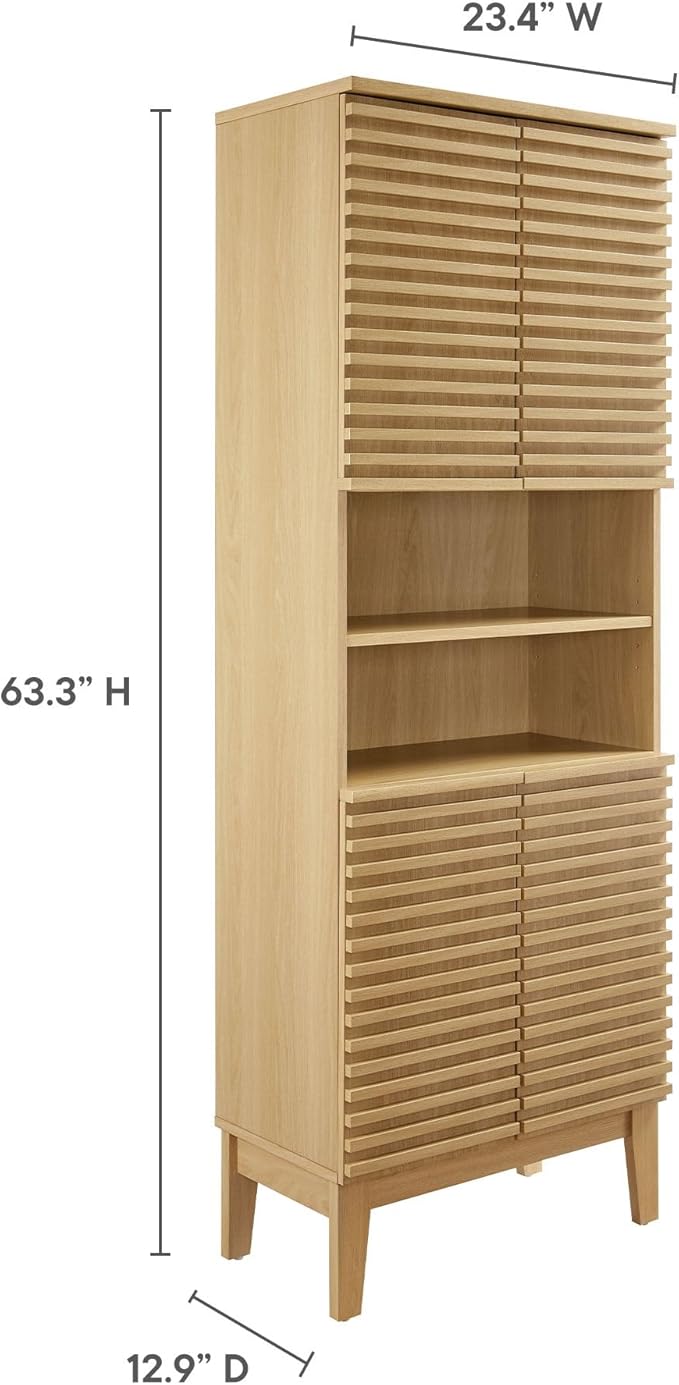 Modway Render Tall Bathroom Storage Tower in Oak - 63” Freestanding Linen Cabinet with Open Shelves and 4 Soft-Close Doors - Towel and Makeup Organizer