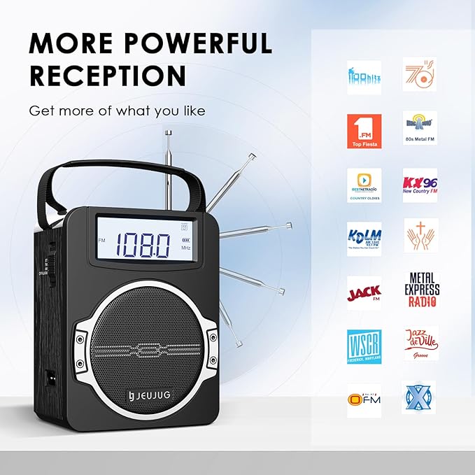 JEUJUG Radio Portable AM FM Digital Radios Clock Radio with Bluetooth 5 Watts Loud Speaker Rechargeable AM FM Radios Plug in Wall Battery Operated Best Reception for Home Outdoor Great Gift Black