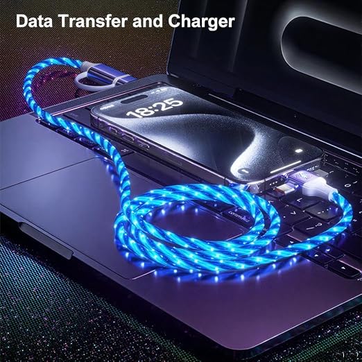 IHAO Multi Ports Light-Up USB Cable USBA to USBC/MicroUSB Cable Durable Fast Charging Cable with Visible Current Flow As Night Light Use-3in1 Blue