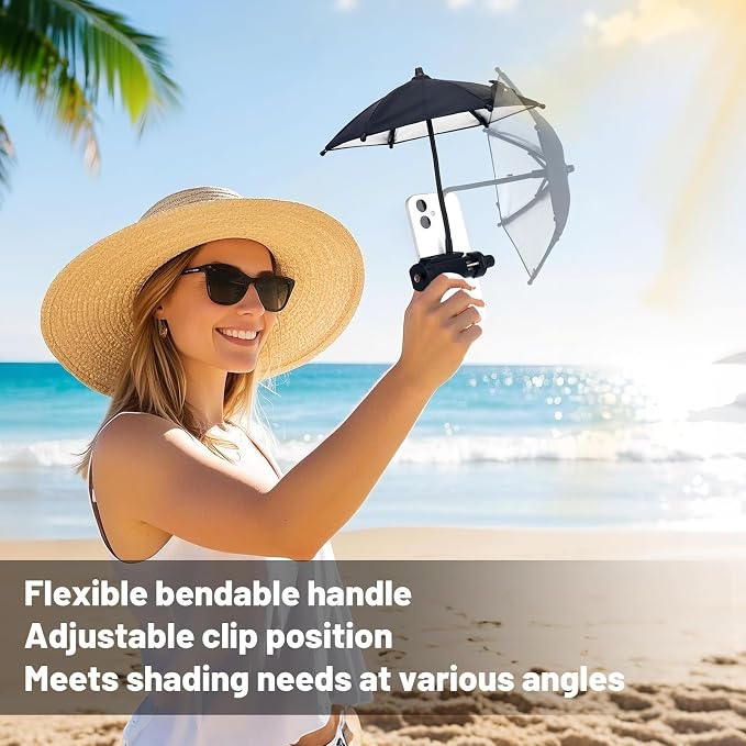 Fixed Clip-on Phone Umbrella for Sun with Flexible Adjustable Handle Mini Strong Clip Cell Phone Umbrellas Sun Shade Anti Sunlight and Glare fits for Universal Smartphones