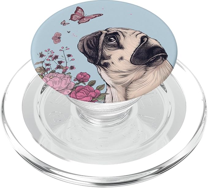 Pug Butterfly Cute Dog Flowers Cute Pug PopSockets Adhesive PopGrip