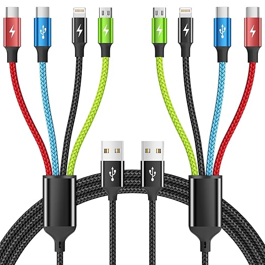 4 in 1 Multi Charging Cable 2 Pack 6FT Charging Cords for Devices | Nylon Braided USB C Car Charger Cable with Dual USB-C IP &amp Micro Ports Long Travel Charging Cord for Cars
