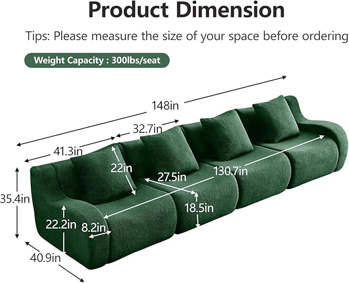 Green 4-Seater Cloud Couch, Modern Teddy Fabric Boneless Sectional Sofa in a Box for Living Room, Modular Floor Couch, Comfortable Deep Seat, No Assembly Required, Sofas para Sala