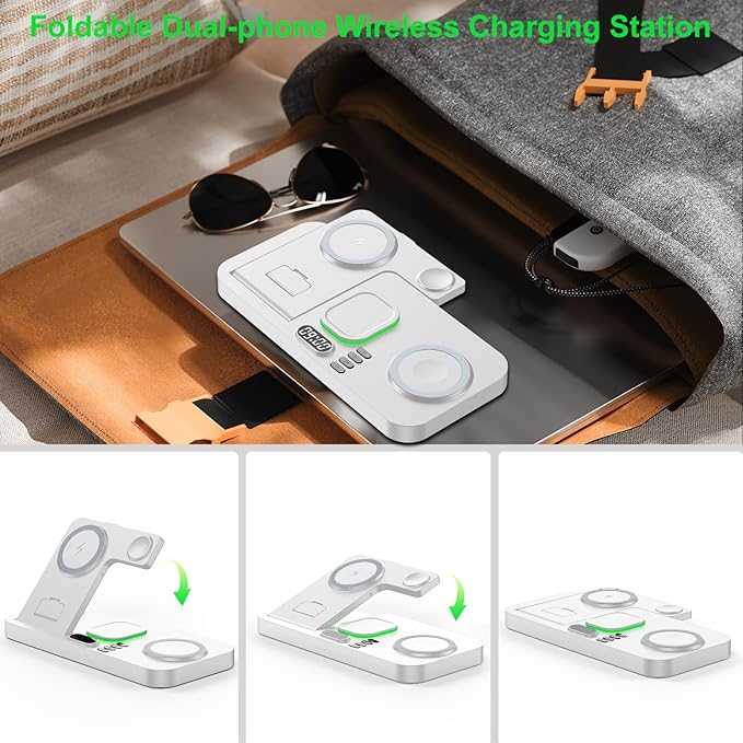 Dual Phone Wireless Charging Station for Apple Devices, Magnetic Charging Station for iPhone with Auto Switch 7-Color Light&Clock, Family Watch Charger for iPhone17 for iWatch11 for AirPods Pro3(Cream