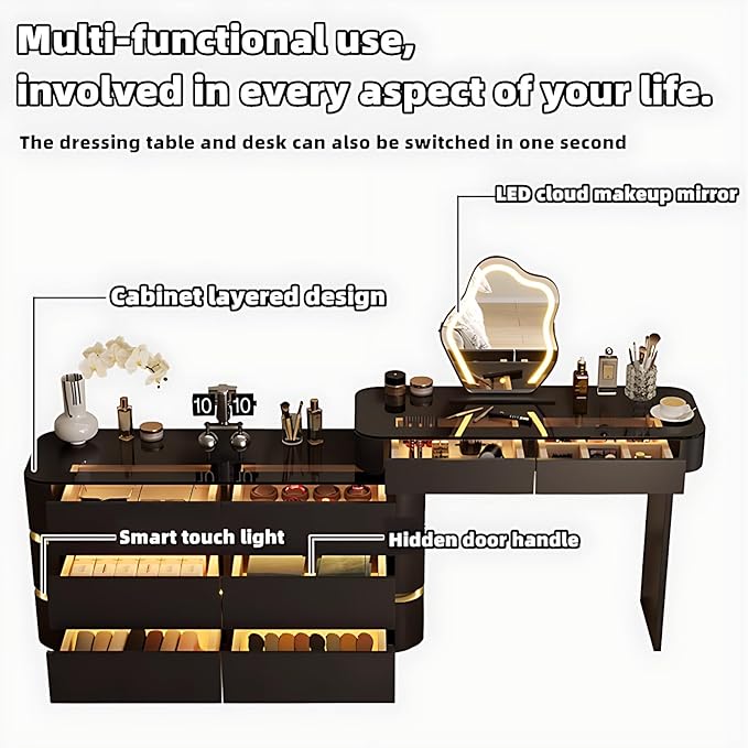 Makeup Vanity Desk with Storage Drawers, Solid Wood Glass Top, Lights Desk and Chair, Easy Installation (Black 2 Drawers, 47.2”)