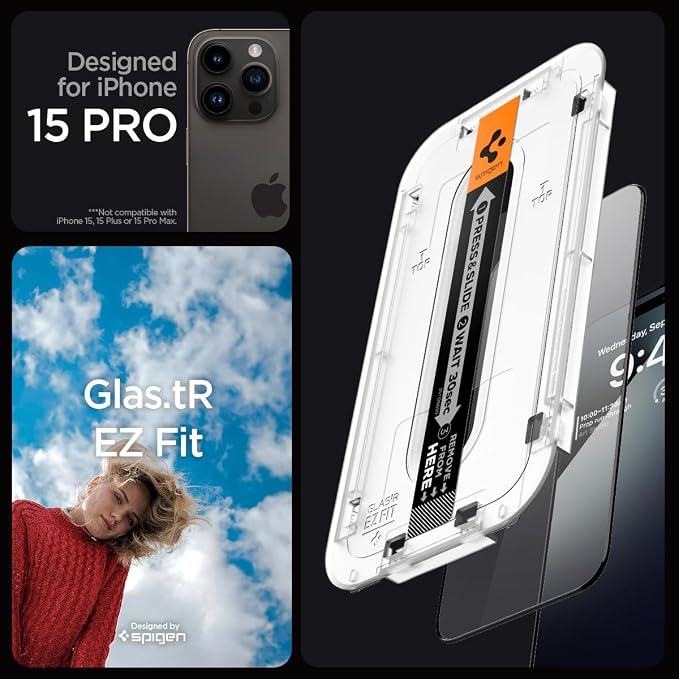Spigen GlasTR EZ FIT Tempered Glass Screen Protector for iPhone 15 Pro | 9H Hardness Tempered Glass Easy Installation Kit Case-Friendly Crystal Clear Touch Responsive Oleophobic Coating