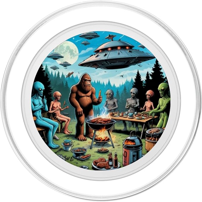 Alien and Bigfoot BBQ UFO Illustration Print PopSockets PopWallet for MagSafe