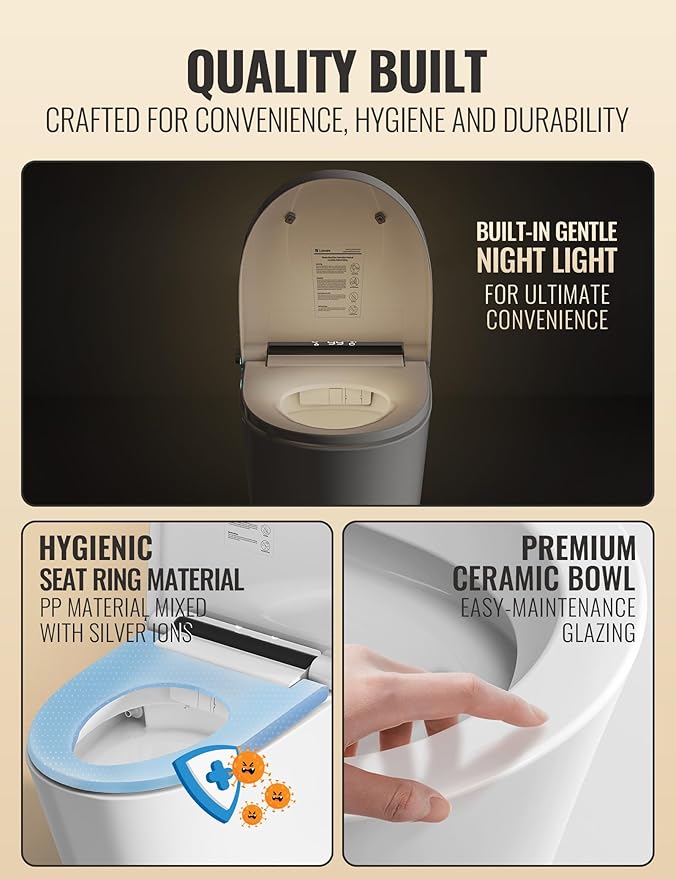 Luoware Smart Toilet with Bidet Built in, Luxury One Piece Elongated Bidet Toilet, Auto Open/Close/Flush, Foot Sensor Operation, Built-in Tank & Booster Pump, Heated Seat, Massage Wash, Night Light
