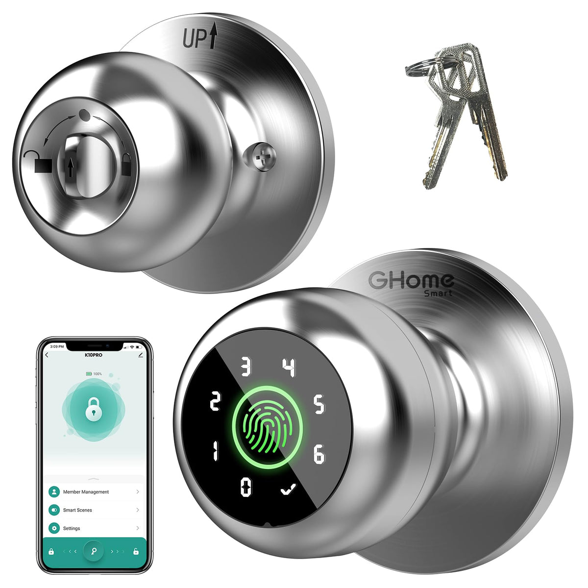 GHome Smart Fingerprint Door Lock, Fingerprint Door Knob with Keypad & App Control & Keys, Auto-Lock, Door Locks for Bedroom/Home/Garage/Apartment/Office, Local Data Storage