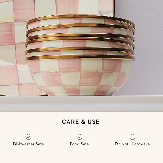 MACKENZIE-CHILDS Enamel Everyday Bowl, Serving Bowl for Entertaining, Extra-Small, Pink-and-White Rosy Check, Set of 1