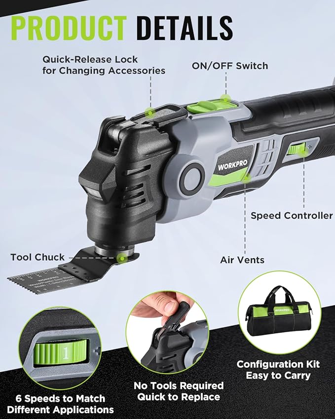 WORKPRO 20V Oscillating Tool Kit, Cordless and Brushless 19,000 RPM Orbiting Multi Tool with 6 Variable Speeds, 3.6°Oscillation Angle, 21pcs Saw Accessories, 1 Rechargeable Battery and Carrying Bag