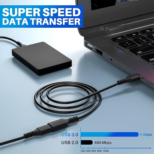 3 Pack USB 3.0 Extension Cable 10 Feet USB A Male to Female Extender Cord 5Gbps Data Transfer for Webcam Printer Keyboard Mouse Flash Drive Hard Drive Controller Black Cable with 5 Cable Ties