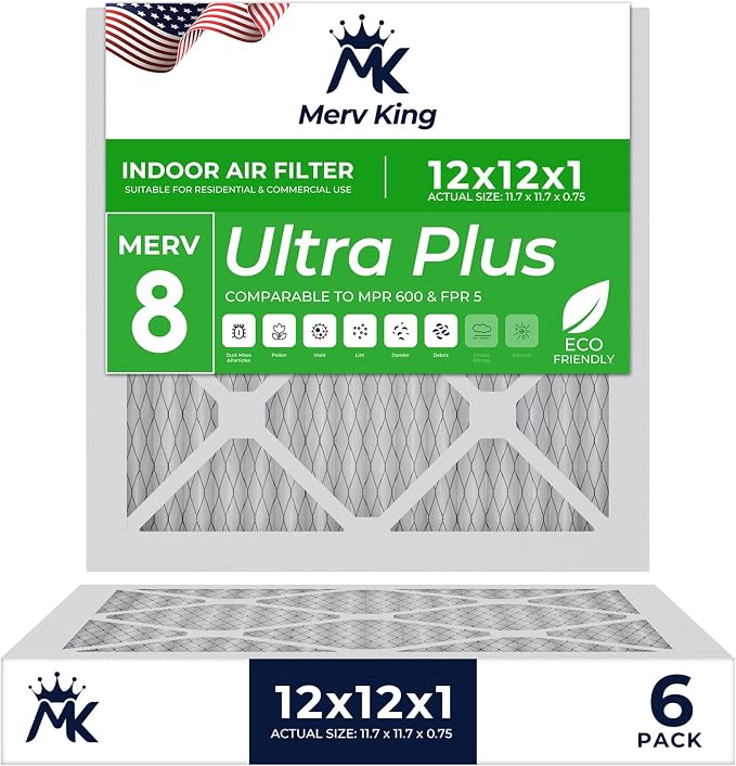 MervKing 12x12x1 Air Filter Actual Size: 11.7" x 11.7" x 0.75" MERV 8 MPR