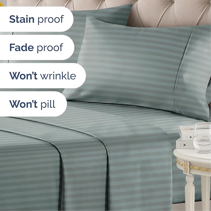 Striped Sheets - Green Striped Sheets - 1 Flat & 1 Fitted & 2 Pillowcases w/ Deep Pockets – Comfy, Wrinkle & Fade Free - Ultra-Soft, Breathable & Cooling – Luxury Pinstripe Bedding - Full Size Bed Set