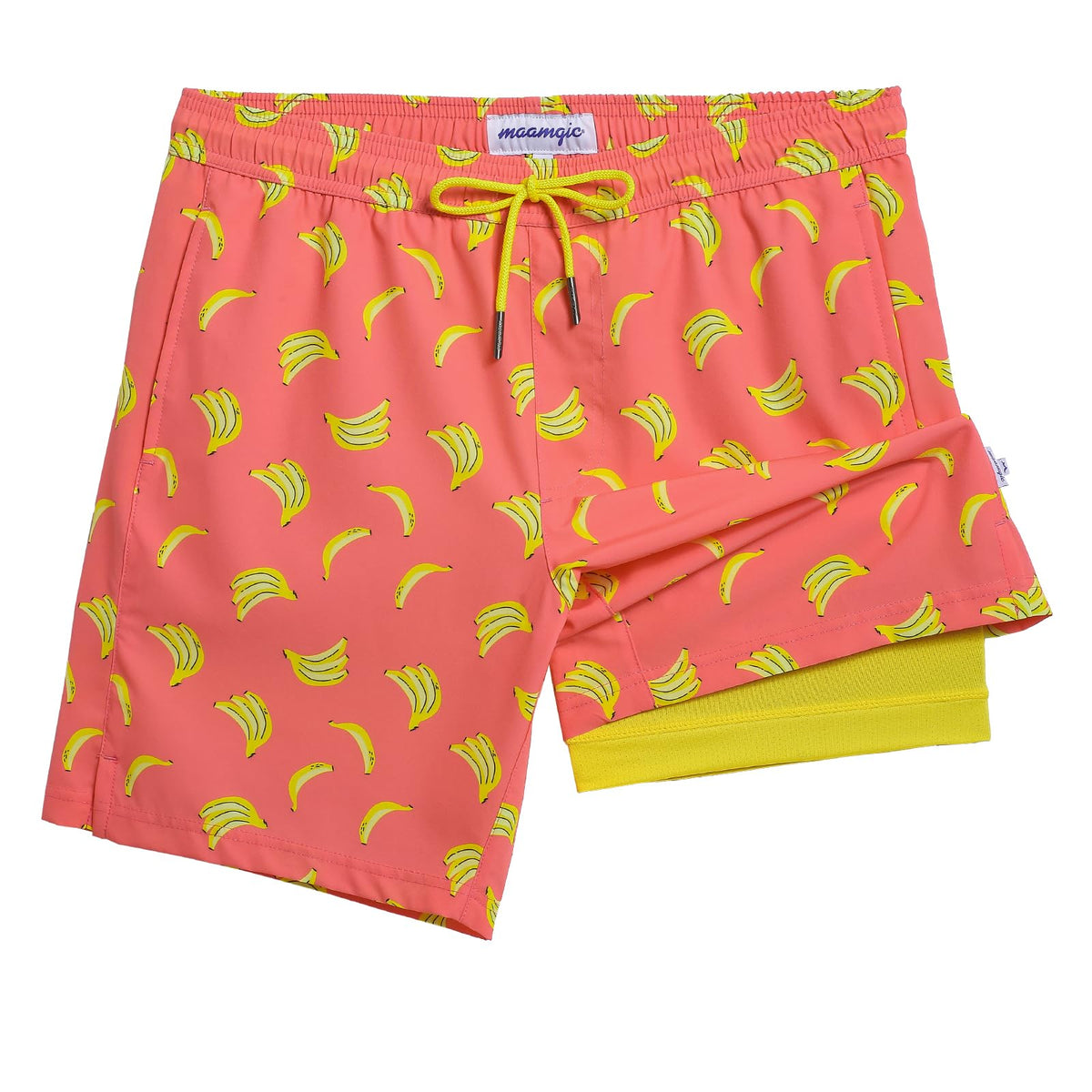 maamgic Mens Swim Trunks with Compression Liner 7 Inch Inseam Mens Bathing Suit Quick Dry Swimming Trunks Swimsuit Banana Orange X-Large
