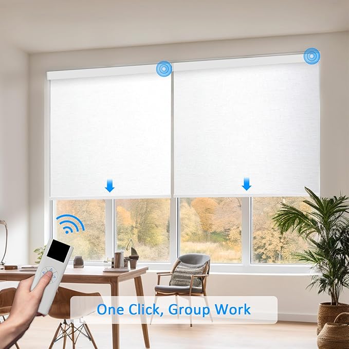 COOLWINDS Motorized Blinds with Remote Cordless Automatic Motorized Shades Custom Blinds for Windows Smart Curtains Compatible with Alexa Google Home(Blackout Jacquard White,W27 x H72in)