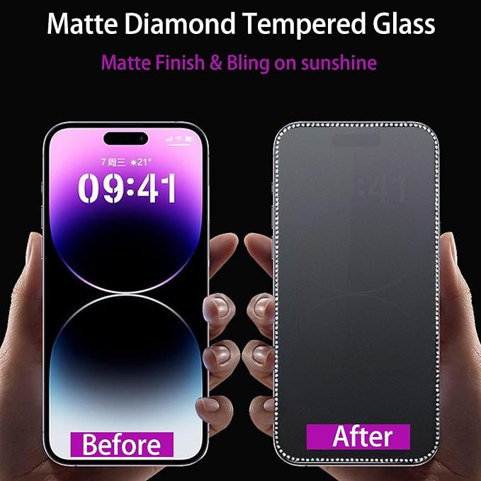 2PCS Glitter Privacy Matte Screen Protector Suit for iPhone 15 Pro Max Diamond Anti-Spy Bling Shiny Sparkling Tempered Glass Suit for iPhone 15 Pro Max 6.7Inch