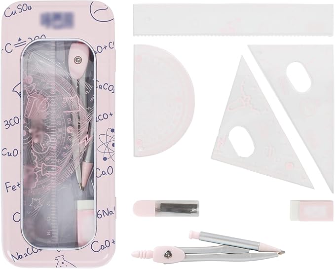 LABANCA 8 Pcs Compass Set with Protractor Rulers Pencil for Math Geometry (06970Pink)