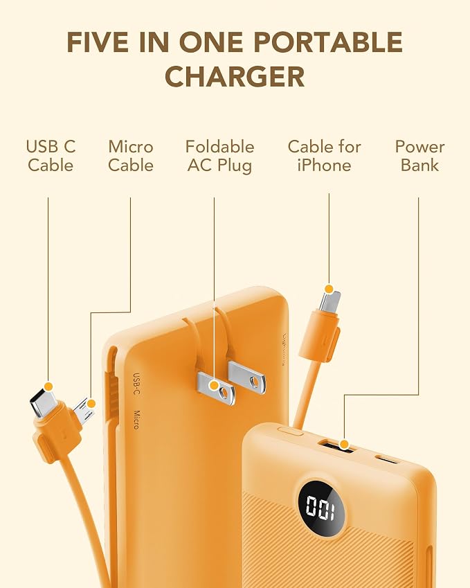 VRURC Portable Charger Power Bank Built-in Cables and AC Wall Plug | USB C Portable Bank 10000mAhTravel Essentials Phone Charger Compact External Battery Pack for Smart PhonesTablets-Black