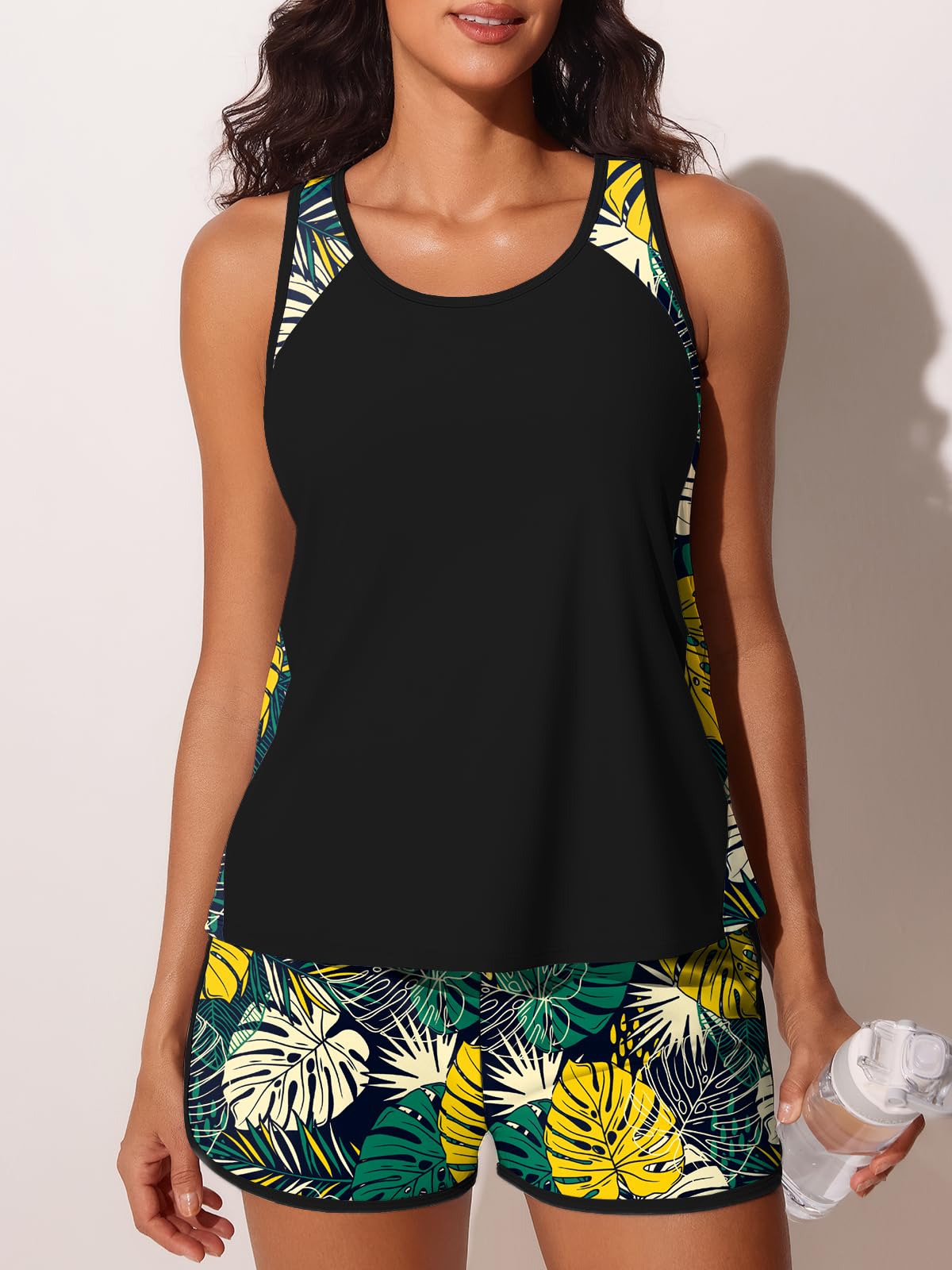 Summer Mae Blouson Tankini Swimsuits for Women 2026 Tummy Control Two Piece Bathing Suits with Sporty Pockets Swim Shorts Yellow Green Monstera Size 16