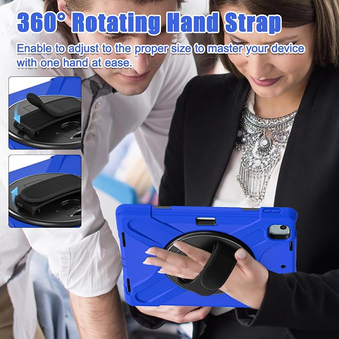 Batianda VortiGrip Case for iPad Air 11 M2/M3/M4 2024-2026 Colorful Blue | Heavy Duty Triple-Layer Rugged Case with 360° Rotating Hand Strap Foldable Hidden Stand Shoulder Strap and Pencil Holder