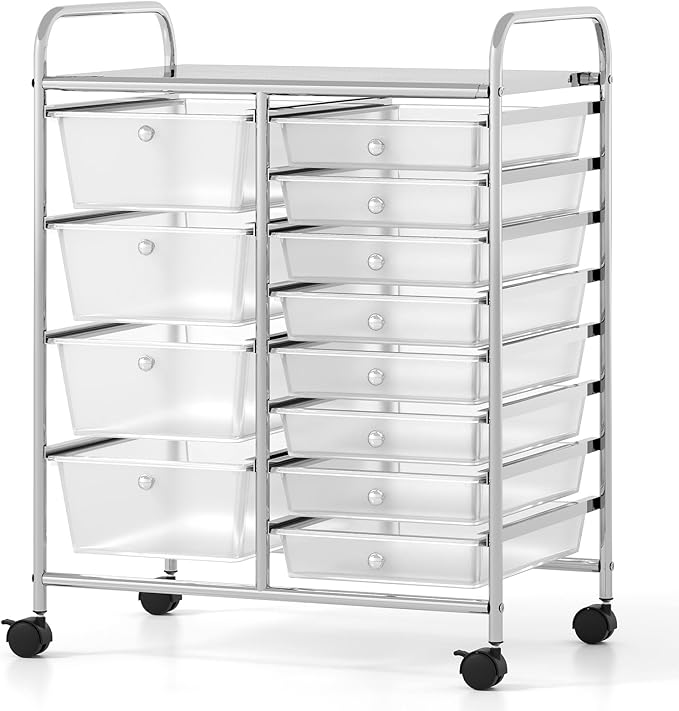 COSTWAY 12 Drawer Rolling Storage Cart, Mobile Utility Cart with Metal Frame, Art Supply Craft Organizer, Multipurpose Storage Organizer for Paper, Office, School Teacher, Classroom, Transparent