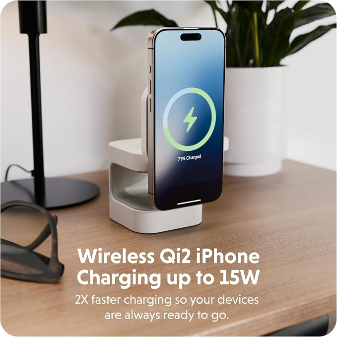 HyperJuice 3-in-1 Wireless Charger Qi2 Magnetic Stand — Fast Charger for iPhone Apple Watch Airpods &amp Qi Compatible Devices — Compact and Adjustable 3 in 1 Design