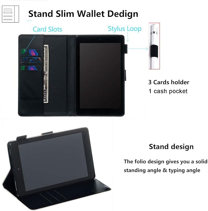 Kindle Fire HD 8 Tablet Case (8th/7th/6th Generation)Smart Stand Synthetic Leather Cover with Auto Wake/Sleep [Card &amp Pencil Holder] for 8 Amazon Fire HD 8 (2018/2017/2016) Blue Sea Beach