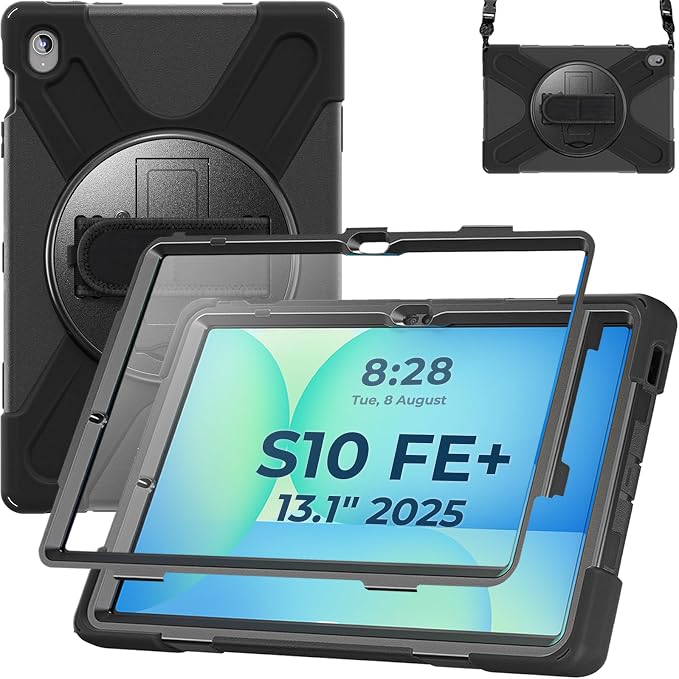 Case for Galaxy Tab S10 FE+ 13.1 2025 with Screen Protector+360 Rotating Hand Strap&ampStand+Shoulder Strap (Black)