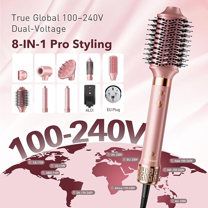 Mythsight Dual Voltage StyleVibe 8-in-1 Air Styler, Hair Dryer & Blow Dryer Brush with Travel Case - Auto Wrap Curls (L/R), Fast Drying, Thermal Brush for Blowouts & Frizz-Free Volume, No Heat Damage