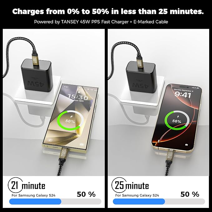 TANSEY 45W USB C Fast Charger with 6.6FT Braided Nylon Cable PD 3.0 Charger Block Compatible with iPhone 16/15 Series iPad AirPods Pro 2 &amp Samsung S24