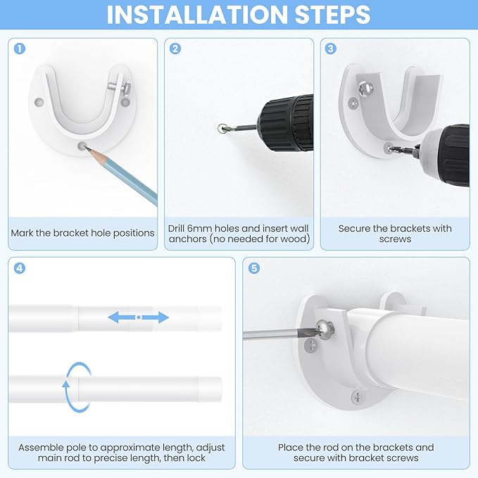 Closet Rods for Hanging Clothes, 17 to 28 Inch Heavy Duty Stepless Adjustable Closet Hanging Rod, 1.3 Inch Diameter Metal Closet Rod for Wardrobes Laundry Bedroom RV, White